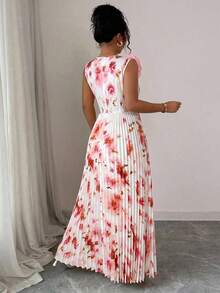 Vestido plisado de línea A de color crema amarillento, talla grande, con escote en V, sin mangas, cintura ceñida, sofisticado - Rosa - Ver 2