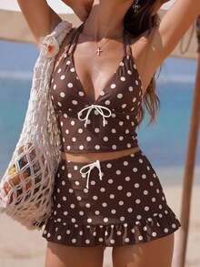 SHEIN Swim Mod 3pcs Polka Dot Contrast Color Print Ruffle Hem Halter Swimsuit Set, Spring/Summer - Multicolor - View 1