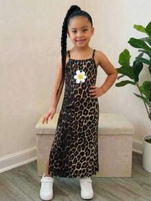 Young Girls' Leopard Print Camisole Dress With Bow Hem & Side Slit, Casual Streetwear,Kids - Brown - View 4