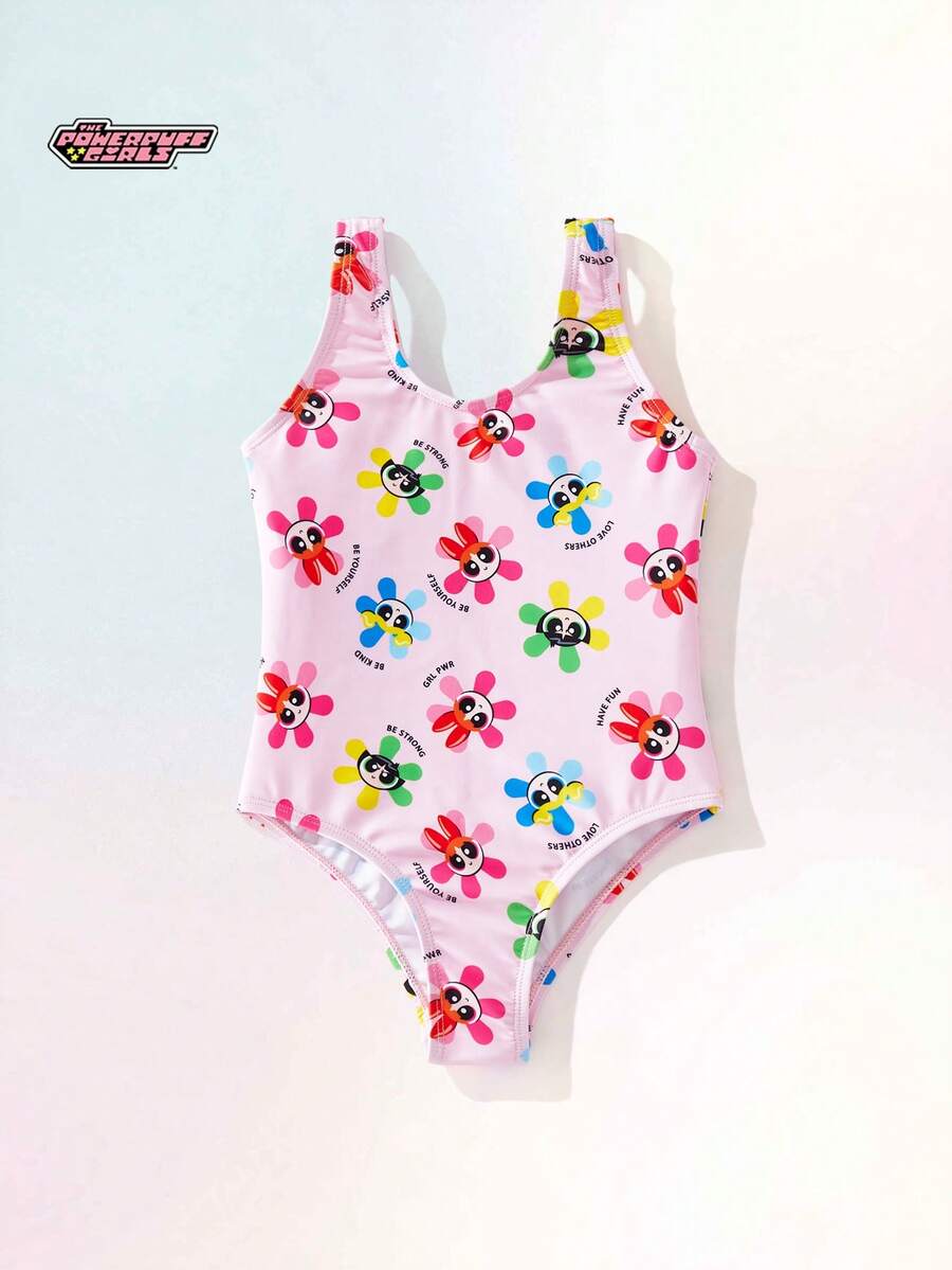 THE POWERPUFF GIRLS X SHEIN Maija Kids 女童碎花吊带连体泳衣，百搭舒适 - 彩色 - 查看 1