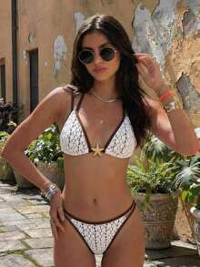 Swim Vcay Bộ đồ bơi nữ mới, hàng mới về mùa hè, đồ đi biển hai mảnh đa năng, kiểu dáng tách rời màu nâu, bộ bikini kiểu nghỉ dưỡng biển. Chất liệu vải có họa tiết, vải chiffon bồng bềnh. Phụ kiện kim loại năm sao họa tiết đại dương, đường viền tương phản, áo và quần có thể điều chỉnh, thích hợp cho trang phục nghỉ dưỡng biển, bikini móc len dành cho nữ. - Nhiều màu - Xem 4