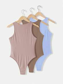 SHEIN BASICS 3件組女款休閒圓領無袖修身純色針織連身衣 夏季居家服 灰粉色、巧克力棕、水藍色 - 彩色 - 查看 3