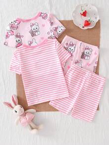 Bộ đồ ngủ 4 món cho bé gái, kiểu dáng ôm sát, in hình thỏ và trái tim hoạt hình, kẻ sọc, cổ tròn, tay ngắn và quần đùi, thích hợp mặc ở nhà, chơi ngoài trời và mặc thường ngày vào mùa hè. - Hồng - Xem 2
