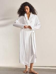 Ocili Cotton Embroidered Lace Double-Layer Crinkle Cotton Soft & Comfortable Robe With Frill Trim For Women - White - View 8