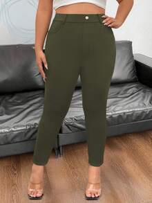 SHEIN PETITE Quần skinny dáng ôm, cạp chun, màu trơn, phong cách tối giản thường ngày. - xanh quân đội - Xem 5