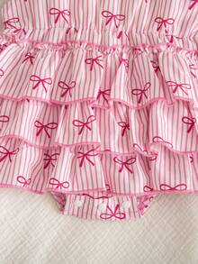 SHEIN Vintaside Kids Baby Girls' Cute & Fun Comfortable Woven Fabric Cap Sleeve Multilayer Ruffle Strap Romper, Suitable For Spring & Summer - Pink - View 10