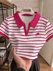 Rovax Women's Short Polo Shirt With Striped Horse Riding Print, Contrast Color Collar - Multicolor - View 3