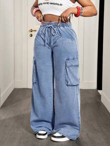 Slaydiva 女士休闲日常水洗翻盖口袋抽绳腰工装牛仔裤 - 藍色 - 查看 3