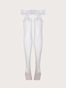 Romantic Overload! Crystal Vow White Lace Thigh-High Fishnet Stockings, Lace Bow + Fishnet Texture, Suitable For Wedding/Honeymoon Highlight Outfit - White - View 2