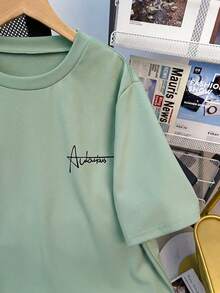 SHEIN 2 pezzi/set Maglietta a maniche corte e pantaloncini casual, versatili e comodi con stampa di lettere di alto valore per ragazzi adolescenti, stile urbano e casual - Menta Verde - Visualizzare 7