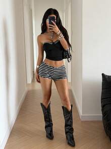 SHEIN HypeZone 性感串珠低腰条纹修身短裤 - 彩色 - 查看 6