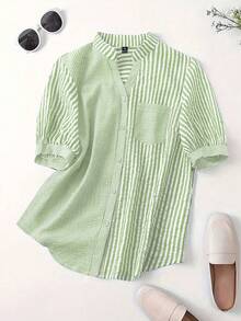 Linhara Plus Size Women's Colorblock Striped Print Patchwork Full Button Front Pocket Casual Short Sleeve Shirt - Green - View 4