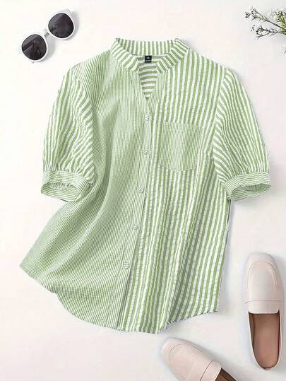 Linhara 大码女式撞色条纹印花拼接全纽扣前袋休闲短袖衬衫