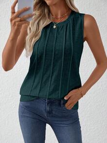Women's Crew Neck Sleeveless Textured Casual Tank Top, Spring/Summer Fashion - Green - View 5