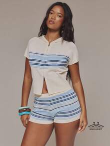 MUSERA Top à manches courtes en tricot avec fermeture éclair frontale à rayures et short mini-jupe ajusté à rayures micro 2 pièces vendues en ensemble. Printemps été vacances festival quotidien sortie vacances imprimé - Multicolore - Voir 1