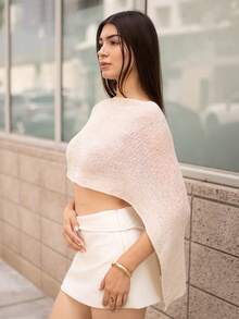 Andrea Bello 性感披肩斗篷百搭针织披肩细肩带 V 领不对称肩部设计上衣，度假风格 - 杏色 - 查看 6