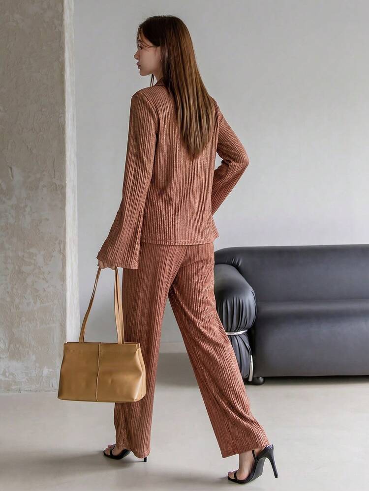 Spring/Summer Design Sense Valentine's Day Loose Shirt & Straight Leg Pants Set, Elegant Office/Commute Outfit, Old Money Luxury Women 2 Pieces Lounge Sets For Women