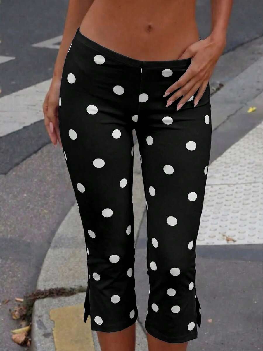 SHEIN EZwear Quần legging nữ dài đến khuỷu tay, họa tiết chấm bi trắng. - màu đen - Xem 1
