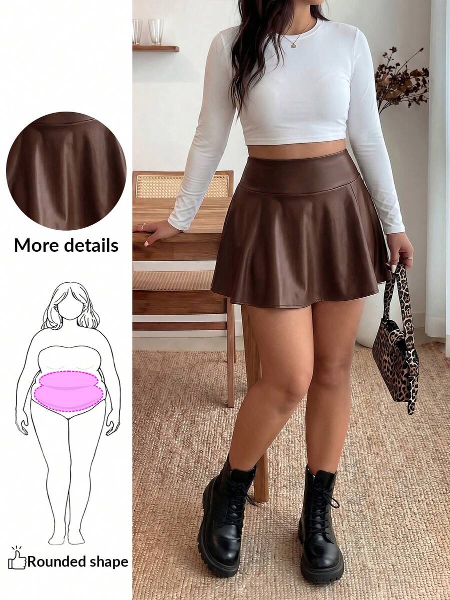Enliva Plus Size Ladies Brown Faux Leather Mini Skirt With Built-In Shorts And Pockets, For Apple Rounded Body Shape - Chocolate Brown - View 1