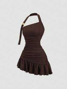 Sweetra 女士金属装饰褶皱领连衣裙，时尚百搭，适合约会和派对 - 鏽棕色 - 查看 3