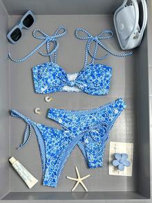 Swim Mod Bộ đồ bơi 2 mảnh dệt kim gợi cảm, không dây, in họa tiết hoa kẻ caro, thanh lịch, ngọt ngào, thích hợp cho tiệc ngoài trời, bikini mùa hè duyên dáng dành cho nữ. - Nhiều màu - Xem 2