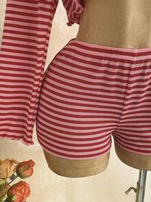 Soleia Women's Striped Asymmetrical Shoulder Long Sleeve Cropped T-Shirt And Shorts 2-Piece Set - Red - View 5