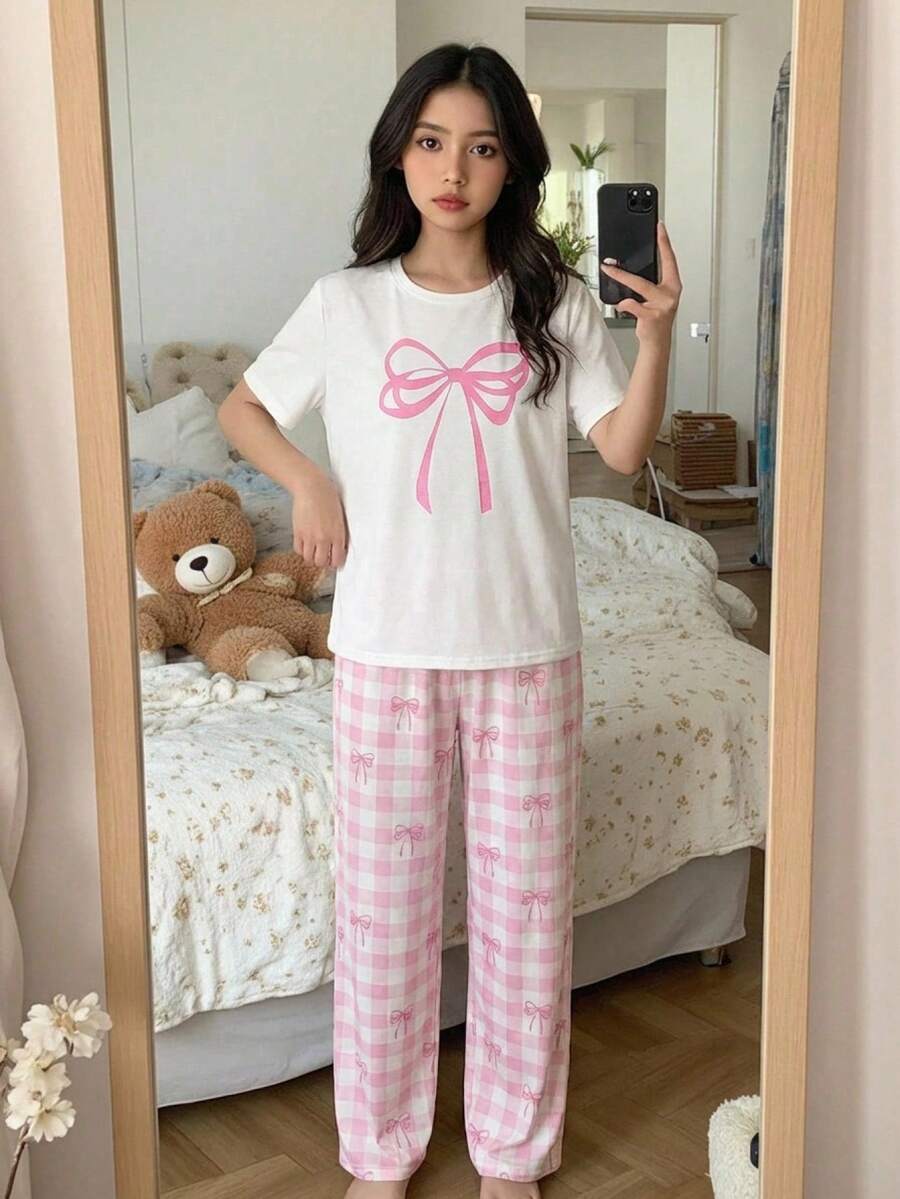 SHEIN Dozemod 青少年女孩極簡蝴蝶結裝飾圓領短袖T恤與格紋寬鬆睡褲2件式睡衣套裝 - 淺粉色 - 查看 1