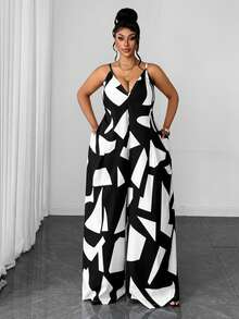 Maweii French Vacation Style Fashionable Printed Plunging Neck Jumpsuit, Waist Cinching Flared Leg Pants For Summer - Black and White - View 4