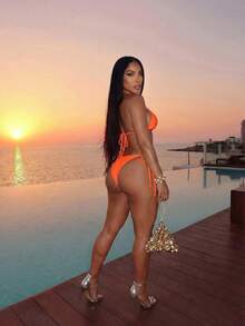 Slaydiva Bộ bikini gợi cảm cho kỳ nghỉ biển năm 2026 + Quần co giãn xếp ly độc đáo, Bộ 3 món gợi cảm, Bộ 3 món thanh lịch, Bộ 3 món cho kỳ nghỉ biển. - Màu Cam cháy - Xem 8