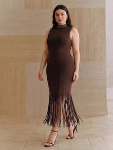 Anewsta Vestido Elegante Plus Size para Mulheres, Vestido para Férias, Vestido Minimalista de Passeio de Verão, Vestido Sem Mangas de Gola Alta com Enfeites e Borlas Longas Marrons - Café - Visão 5