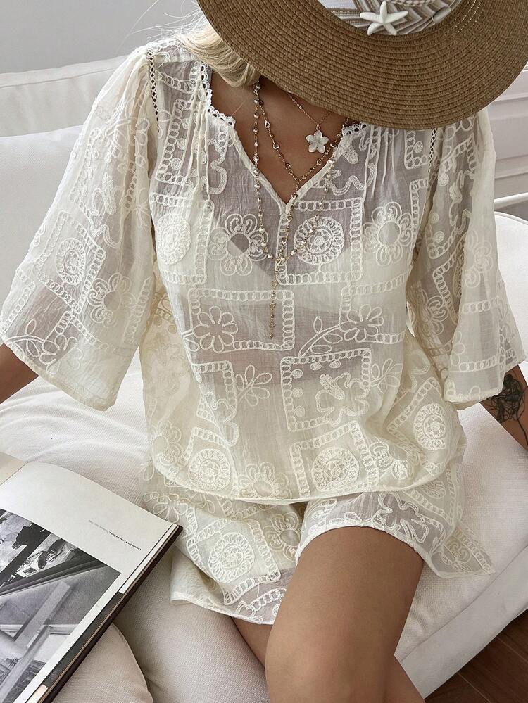 Women's Apricot Lace V-Neck Loose 3/4 Sleeve Shirt And Shorts Set, Fashionable Design, Relaxed Style For Beach, Spring & Summer Lounge Sets For Women