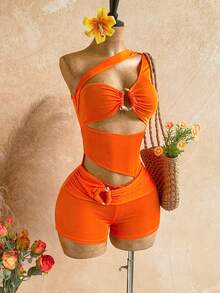 SHEIN WYWH 女士时尚百搭镂空无袖金属扣连体裤，适合度假 - 橘色 - 查看 5