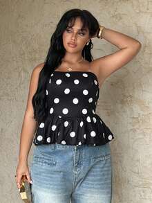 Rustia Top elegante y vintage con volantes en el bajo, con estampado de lunares negros, ajustado y sin tirantes, para fiestas y vacaciones, para mujeres de talla grande - Blanco y Negro - Ver 6