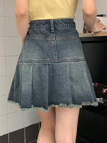 DAZY Chân váy denim nữ kiểu dáng thường ngày có túi và viền bèo nhún. - Màu xanh lam - Xem 2