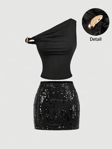 SHEIN MOD Bộ đồ 2 món thời trang hè dành cho nữ: Áo ôm sát cổ bất đối xứng đính kim loại và chân váy ngắn đính sequin. - màu đen - Xem 4
