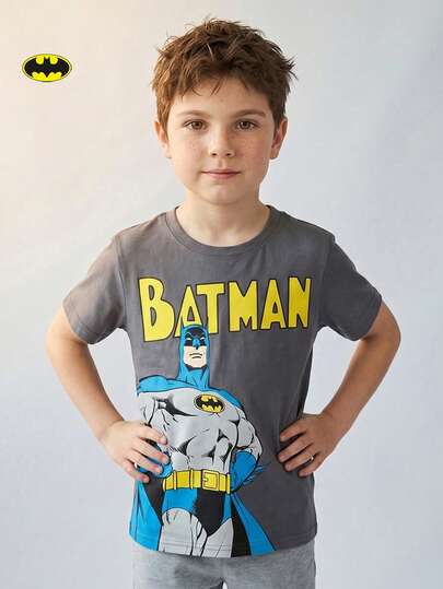 BATMAN X SHEIN 男童休闲卡通图案圆领宽松短袖T恤，适合夏季穿着