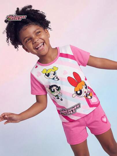 THE POWERPUFF GIRLS X SHEIN Maija Kids Bộ đồ 2 món cho bé gái, gồm áo thun cổ tròn tay ngắn và quần short cạp chun in hình động vật hoạt hình, chất liệu mềm mại.
