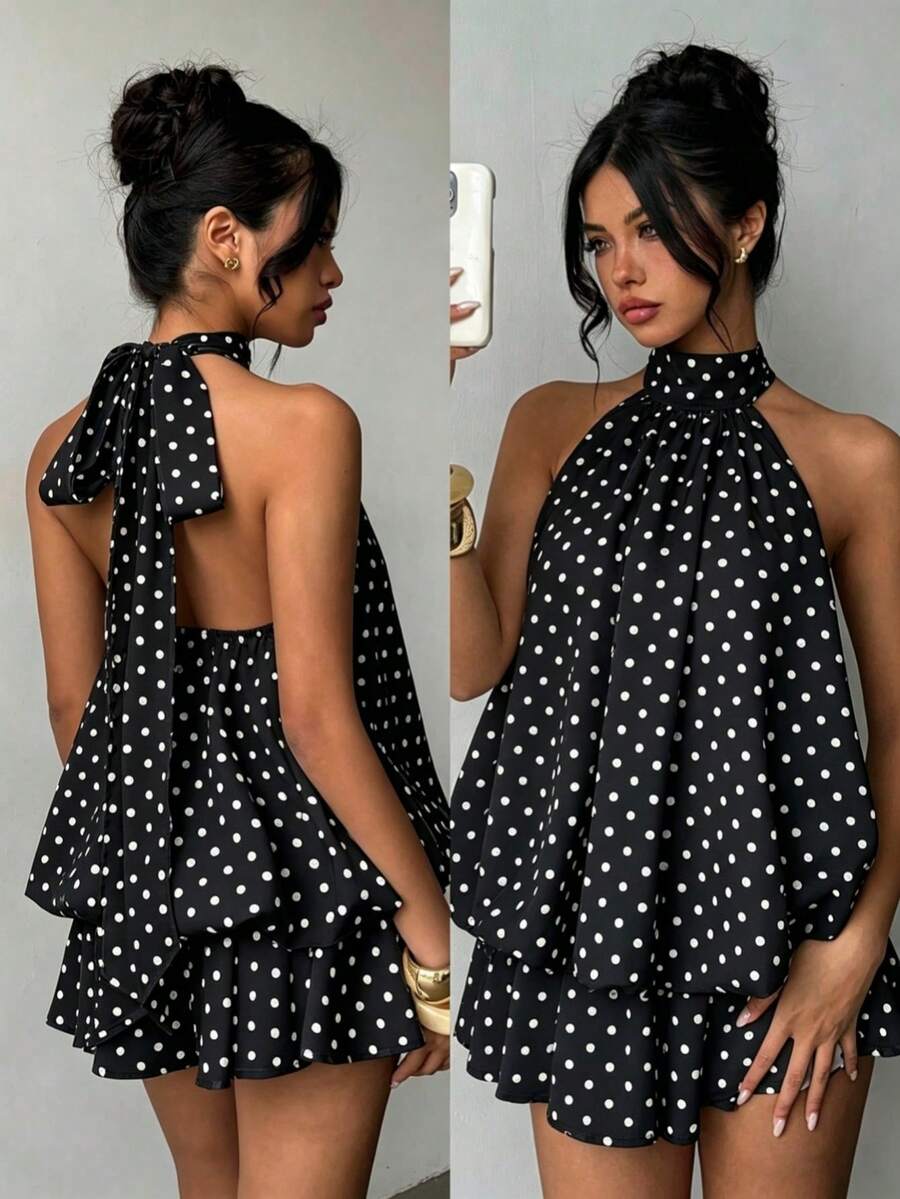 Tween Girl Polka Dot Print Fashion Halter Dress - Black - View 1