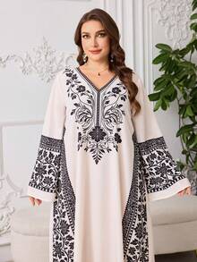 Al Najma Vestido árabe holgado con estampado floral elegante para mujer de talla grande, adecuado para bodas y fiestas - Albaricoque - Ver 6