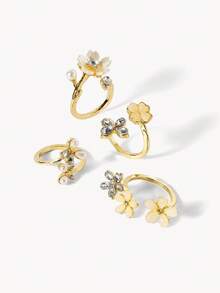 Opalesca 4pcs Ins Style Faux Pearl & Rhinestone Butterfly Flower Rings Set, Faux Gemstone 5-Petal Flower Stackable Rings For Women - Gold - View 1