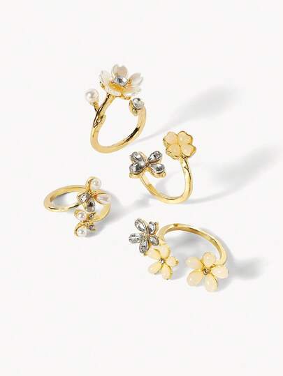 Opalesca 4pcs Ins Style Faux Pearl & Rhinestone Butterfly Flower Rings Set, Faux Gemstone 5-Petal Flower Stackable Rings For Women