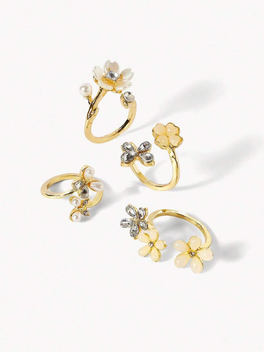 Opalesca 4pcs Ins Style Faux Pearl & Rhinestone Butterfly Flower Rings Set, Faux Gemstone 5-Petal Flower Stackable Rings For Women - Gold - View 1