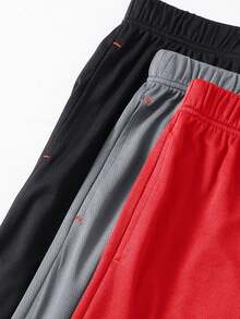 SHEIN 3pcs Teen Boy Casual Color-Block Reflective Strip Pattern Shorts Set, Black/Grey/Blue, For Sports & Home, School, Campus, College - Red - View 6