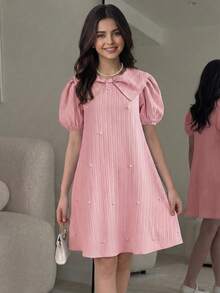 SHEIN 少女纯色仿珍珠装饰时尚派对连衣裙 - 粉色 - 查看 5