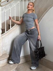 BiaLiraa 斜口袋宽腿宽松牛仔裤 Y2k - 淺灰色 - 查看 5