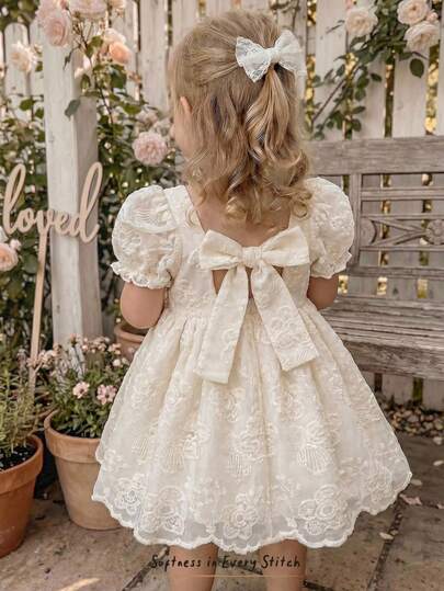 Cozy Pixies Baby Girl Solid Color Bow Decor Round Neck Petal Sleeve Waist Cinched Dress