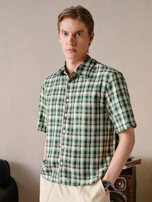 VeloEdit Green Color Men's Casual Plaid Print Short Sleeve Shirt, Woven,Collar Multicolor, Suitable For Daily, Workplace And Commuting In Summer Old Money, With Button & Button Front, Father's Day Gift For Father & Boyfriend, Outfits For Men - Multicolor - View 4