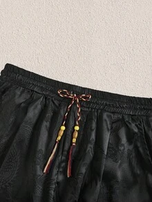 Mercer Haus Calça Lanterna Vintage com Padrão de Dragão Dobby para Homens, Calça Jogger de Perna Larga com Estampa de Dragão Chinês Suave Semelhante a Cetim, Calça Chinesa de Cintura com Cordão para Tai Chi Kung Fu, Calça Casual de Praia e Yoga para Primavera/Outono - Preto - Visão 6