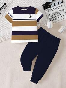 Souflis Souflis 2pcs/Set Young Boy Casual Striped & Logo Print Short Sleeve T-Shirt Top Paired With Solid Color Pants, Suitable For Outdoor Wear In Summer - Multicolor - View 3
