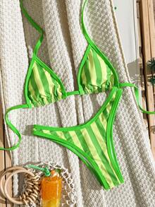 Swim Vcay Bộ bikini tam giác kẻ sọc in họa tiết ngẫu nhiên dành cho nữ, mẫu mới Xuân/Hè 2026, gồm quần bikini và áo tắm casual đi biển. - Nhiều màu - Xem 1